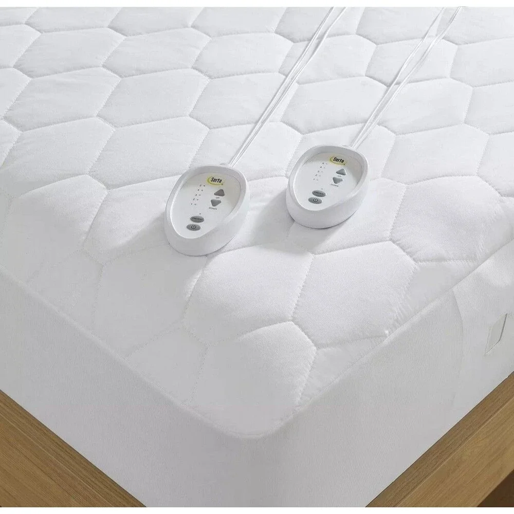 Serta Cotton Rich King Heated Mattress Pad Deep Fit, 5 Settings + 2 Controllers